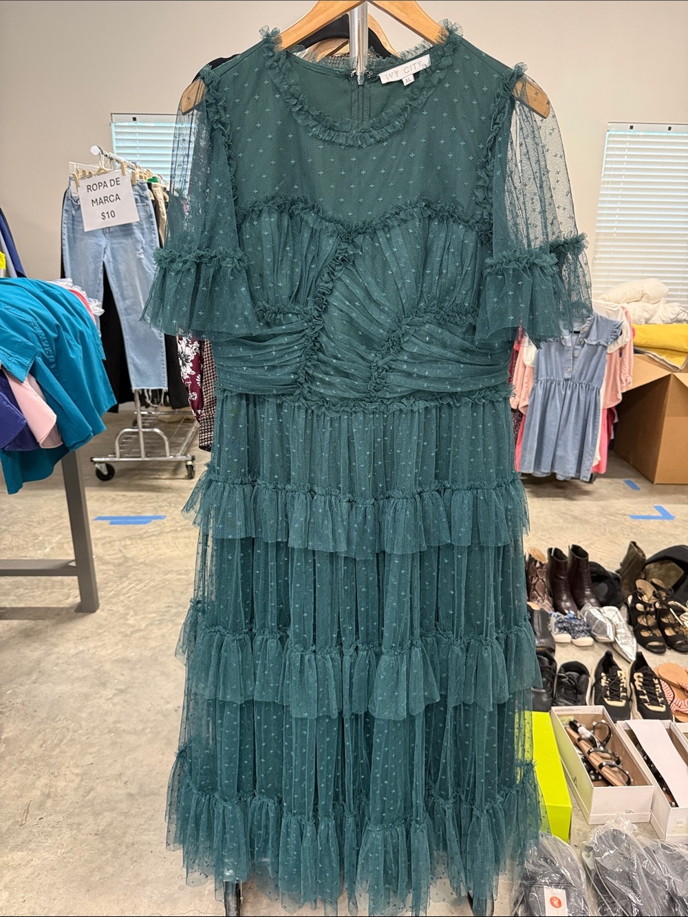 Ivy City Co Teal Ruffled Tiered Mesh Maxi Dress